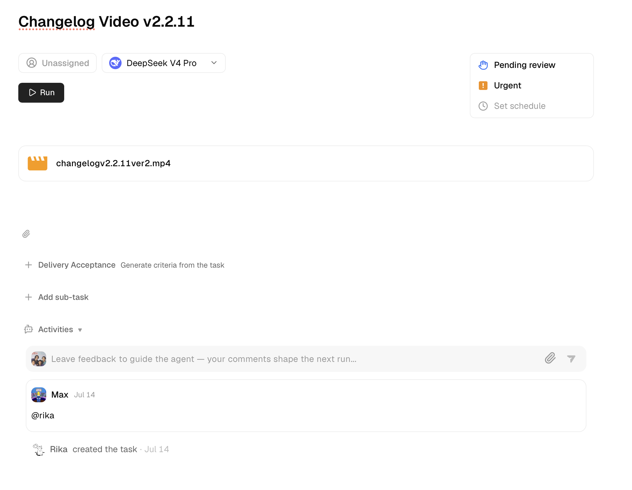 Task detail page in production